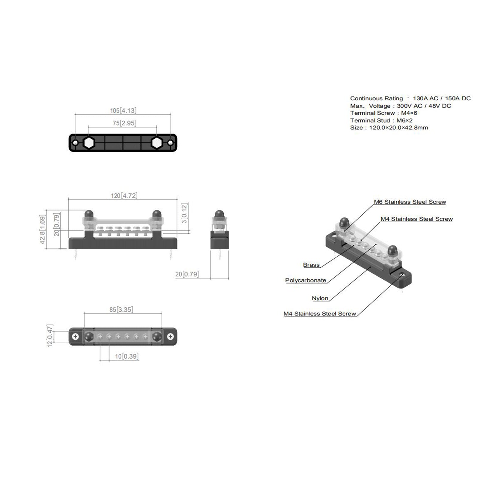 Red & Black 6-Terminal Bus Bar Kit (Pair), 150A Power & Ground Distribution Block with Covers for Boat, RV, Car