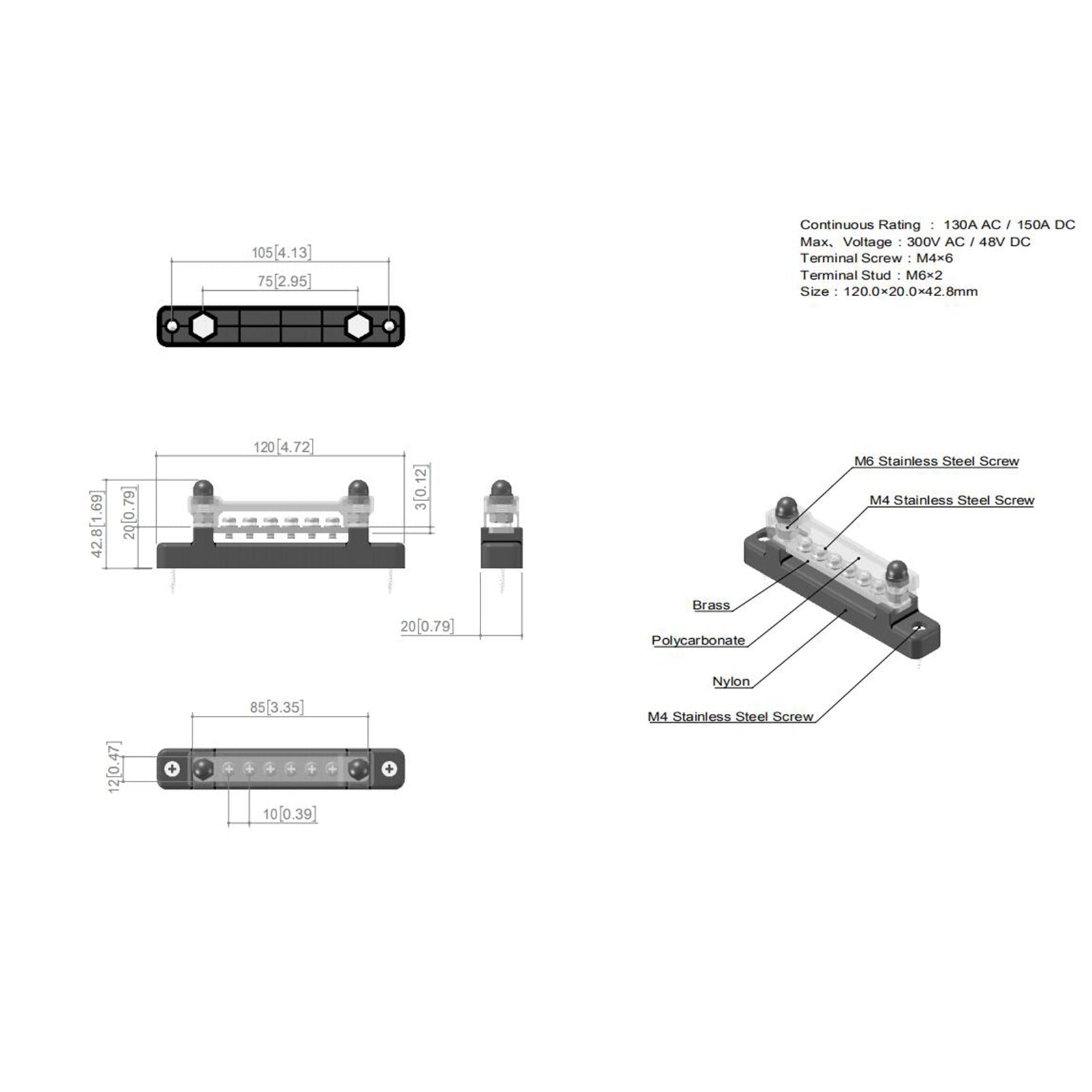 2PCS 6-Way 150A Power Distribution Block – 12 Terminal Bus Bar for Car, RV, Marine, Boat, Truck, 12V/24V/48V Systems