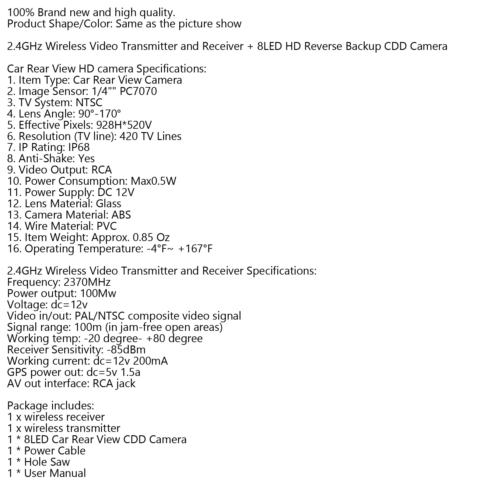 Wireless Video Transmitter and Receiver + 8LED HD Backup Camera Car Rear Front Side View 2.4GHz HD