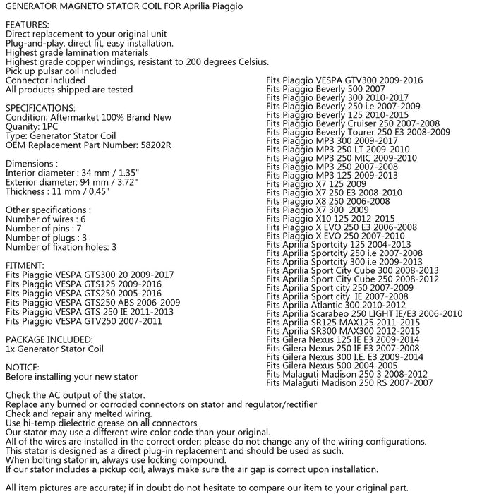 2005-2016 Piaggio Vespa GTS 125 250 300 GTV 250 300 STATOR Coil #.58202R