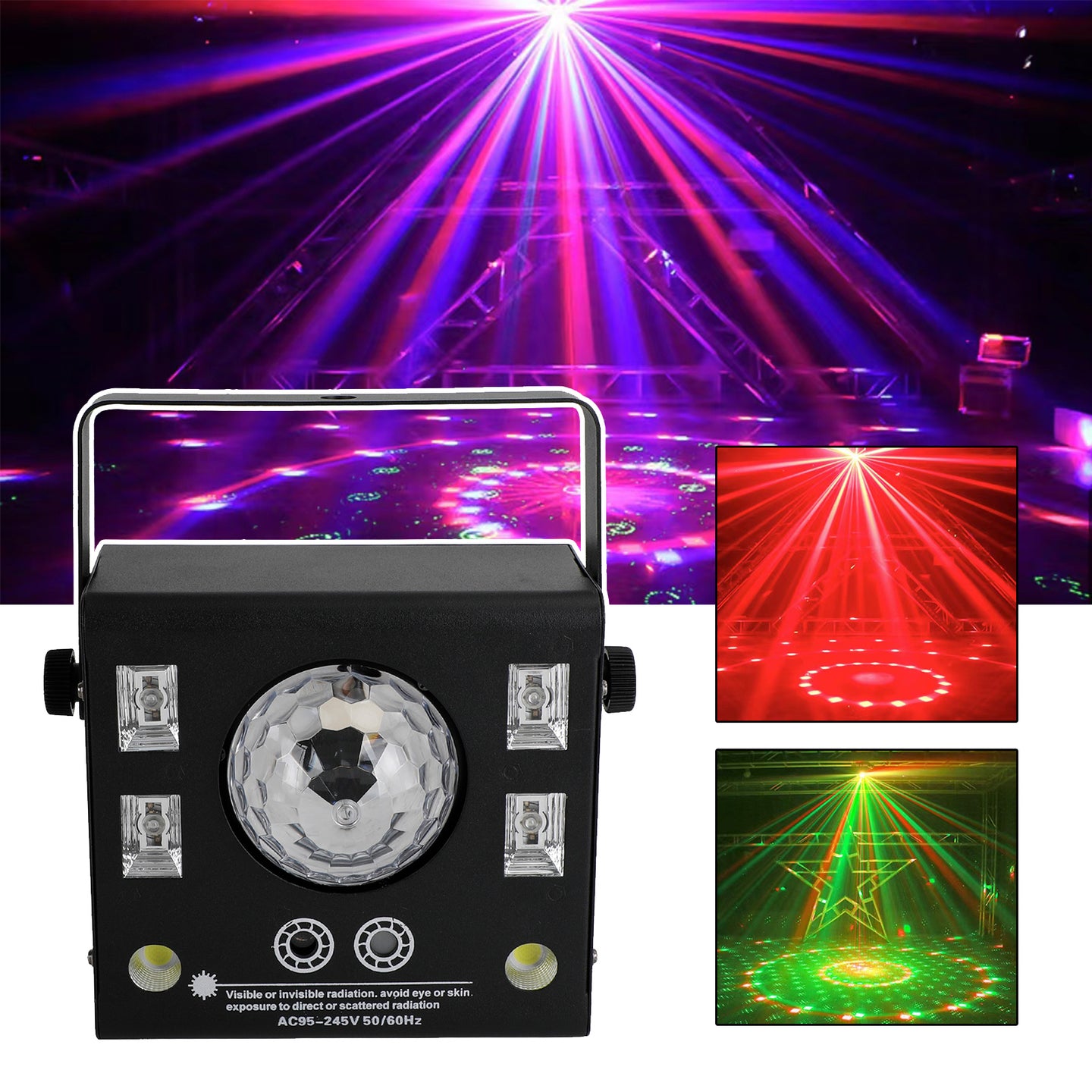 4-in-1 DJ Party Light with Strobe, UV Blacklight, Magic Ball & Laser, DMX & Sound Activated with Remote