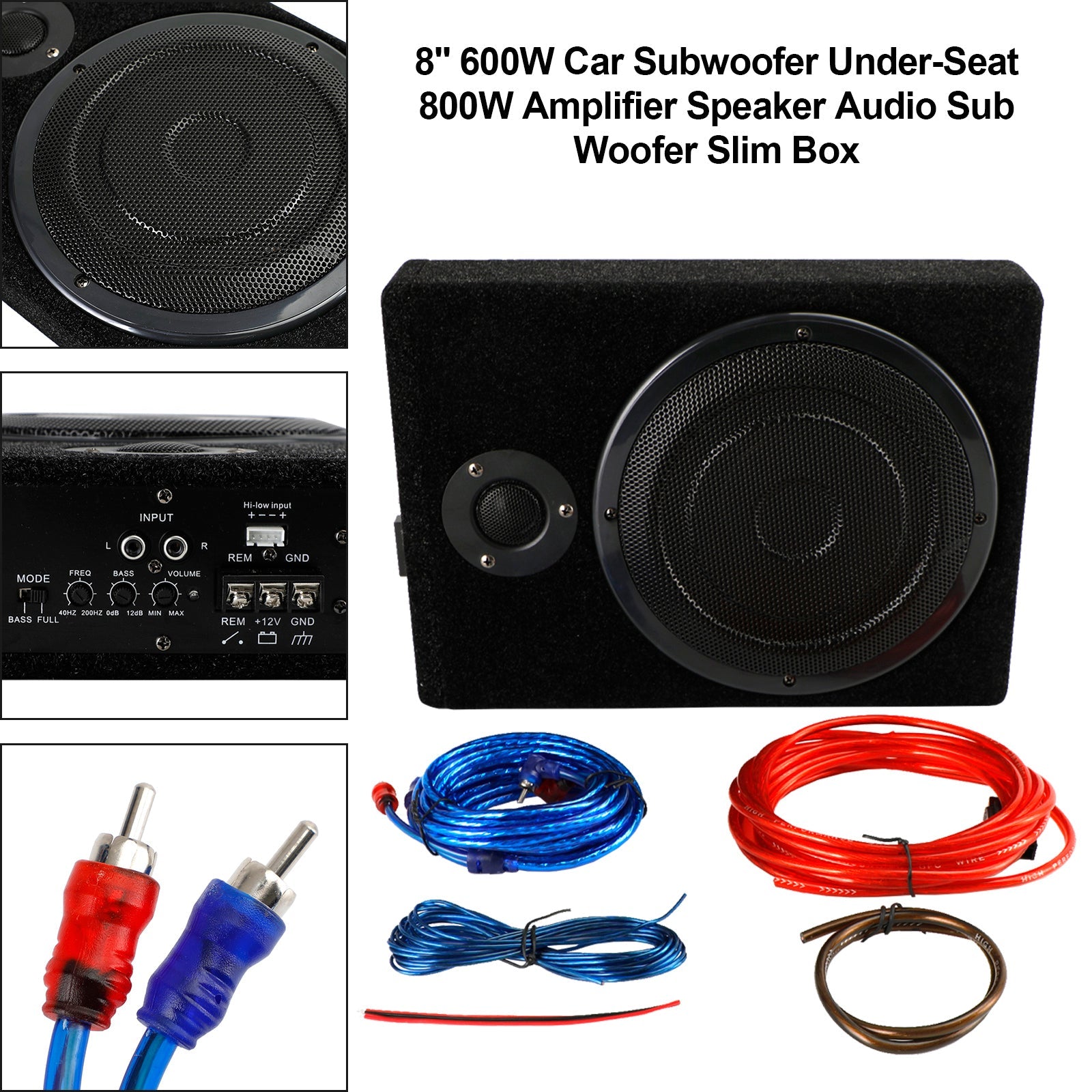 8" 600W Under-Seat Car Subwoofer with Built-in Amplifier – Slim Powered Sub Woofer Bass Speaker Box, Universal 12V Car Audio (US)