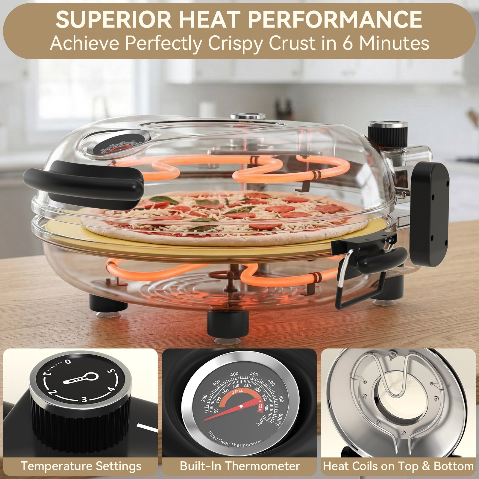 Electric Pizza Maker–12 Inch Electric Pizza Oven Indoor Countertop Maker with Ceramic Stone Heats up to 800˚F