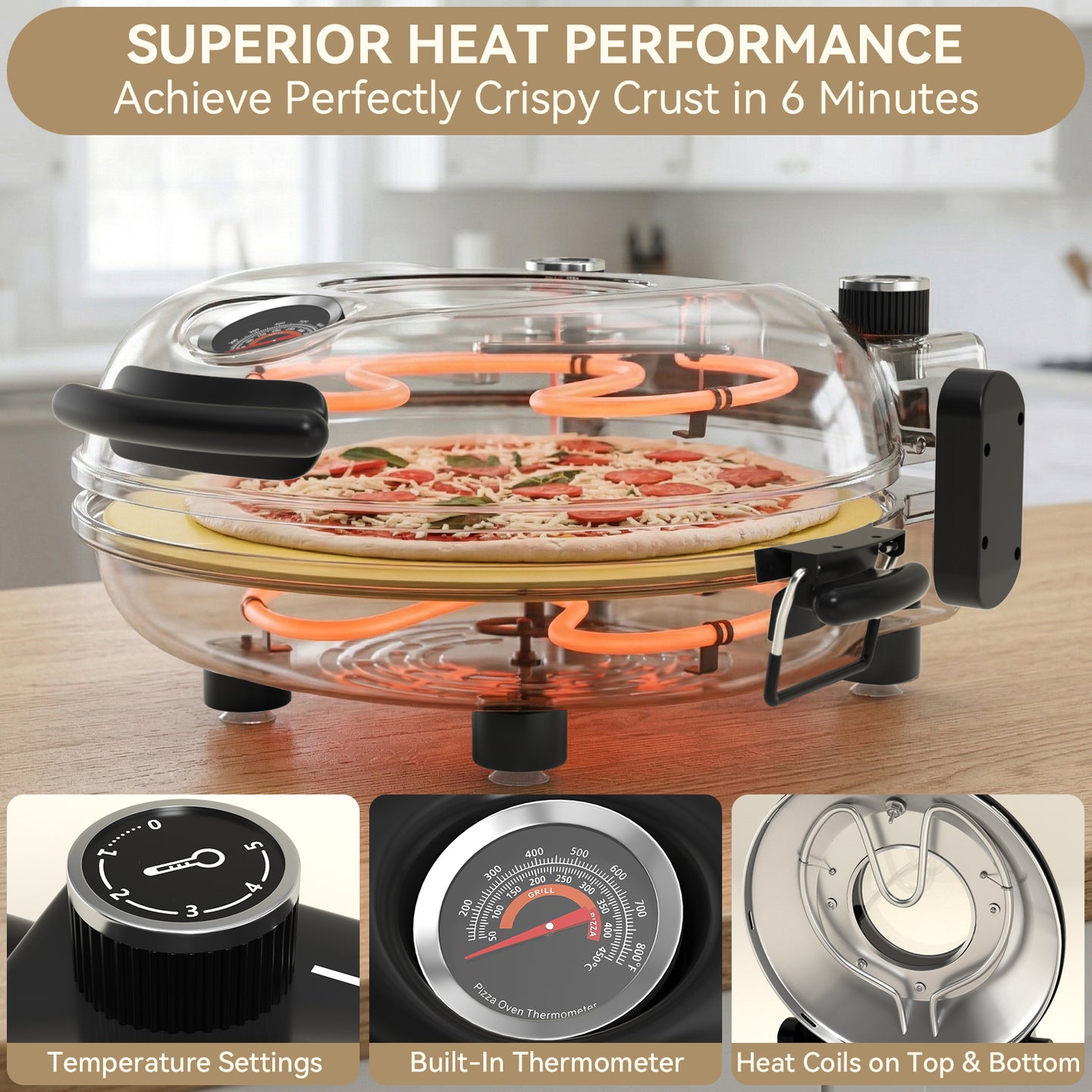 Electric Pizza Maker–12 Inch Electric Pizza Oven Indoor Countertop Maker with Ceramic Stone Heats up to 800˚F