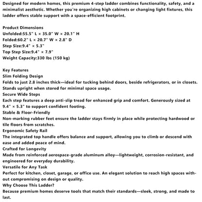 4-Step Ultra-Slim Folding Ladder, 2.8" Thick with Safety Handrail & Wide Anti-Slip Pedals, 330 lbs Capacity (White)