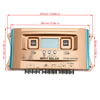 100A MPPT Wind Solar Hybrid Charge Controller, 12V 24V 36V 48V 60V Auto Regulator for Lead-Acid & Lithium Batteries