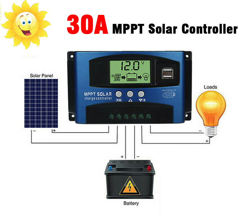 30A MPPT Solar Charge Controller, 12V/24V Auto Regulator for Lithium, Lead-Acid & Gel Batteries