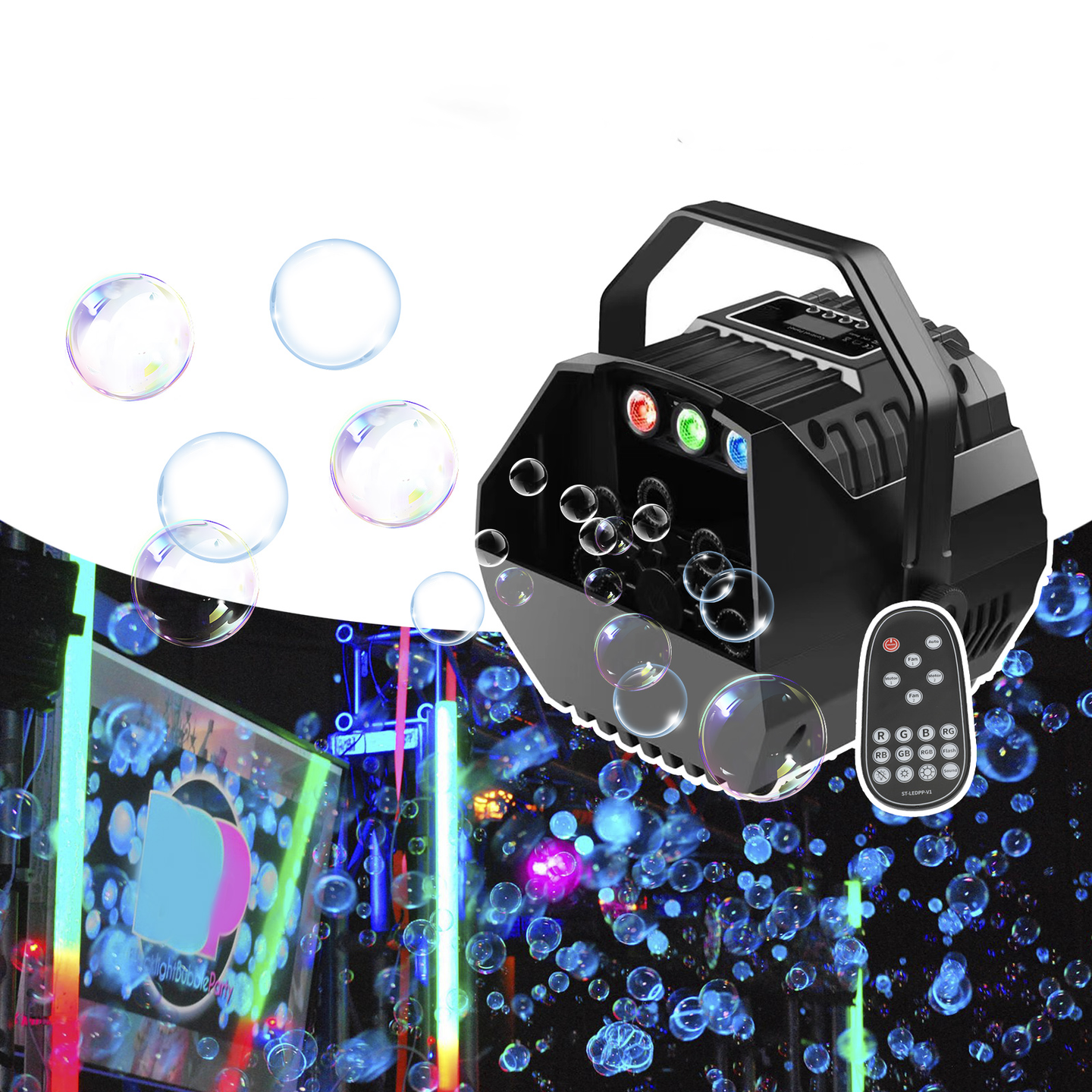 RGB LED Bubble Machine with Remote Control Stage Effect Fog for Party Wedding Birthday