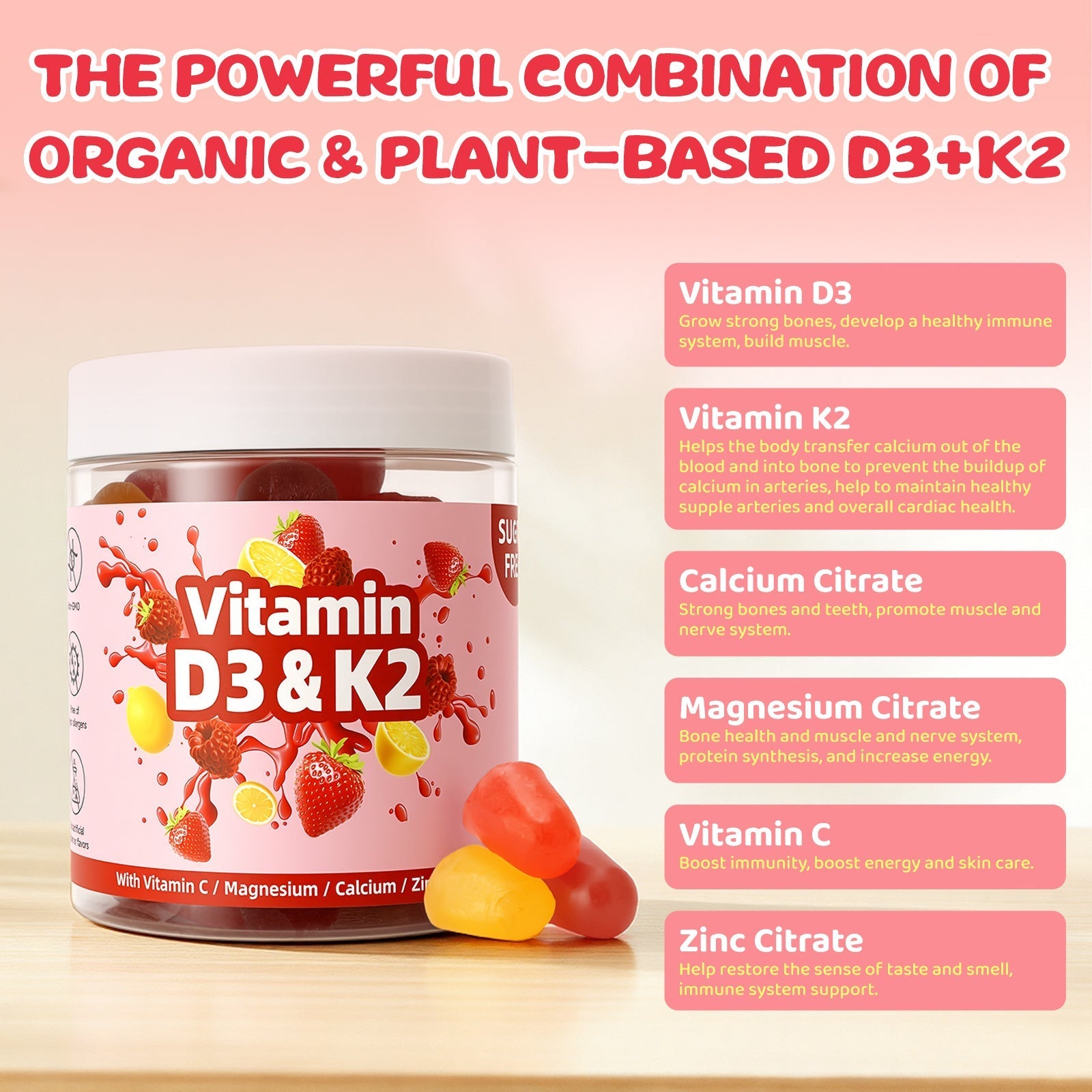 Topteng  Vitamin D3 K2 Gummies with Vitamin C Sugar-Free Omega-3
