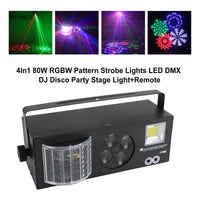 4-in-1 LED DJ Party Light with RGBW Pattern, Laser & Strobe Effects, DMX & Remote Controlled Stage Lighting