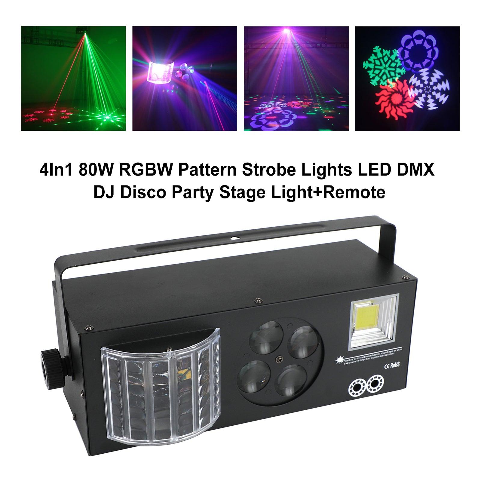 4-in-1 LED DJ Party Light with RGBW Pattern, Laser & Strobe Effects, DMX & Remote Controlled Stage Lighting