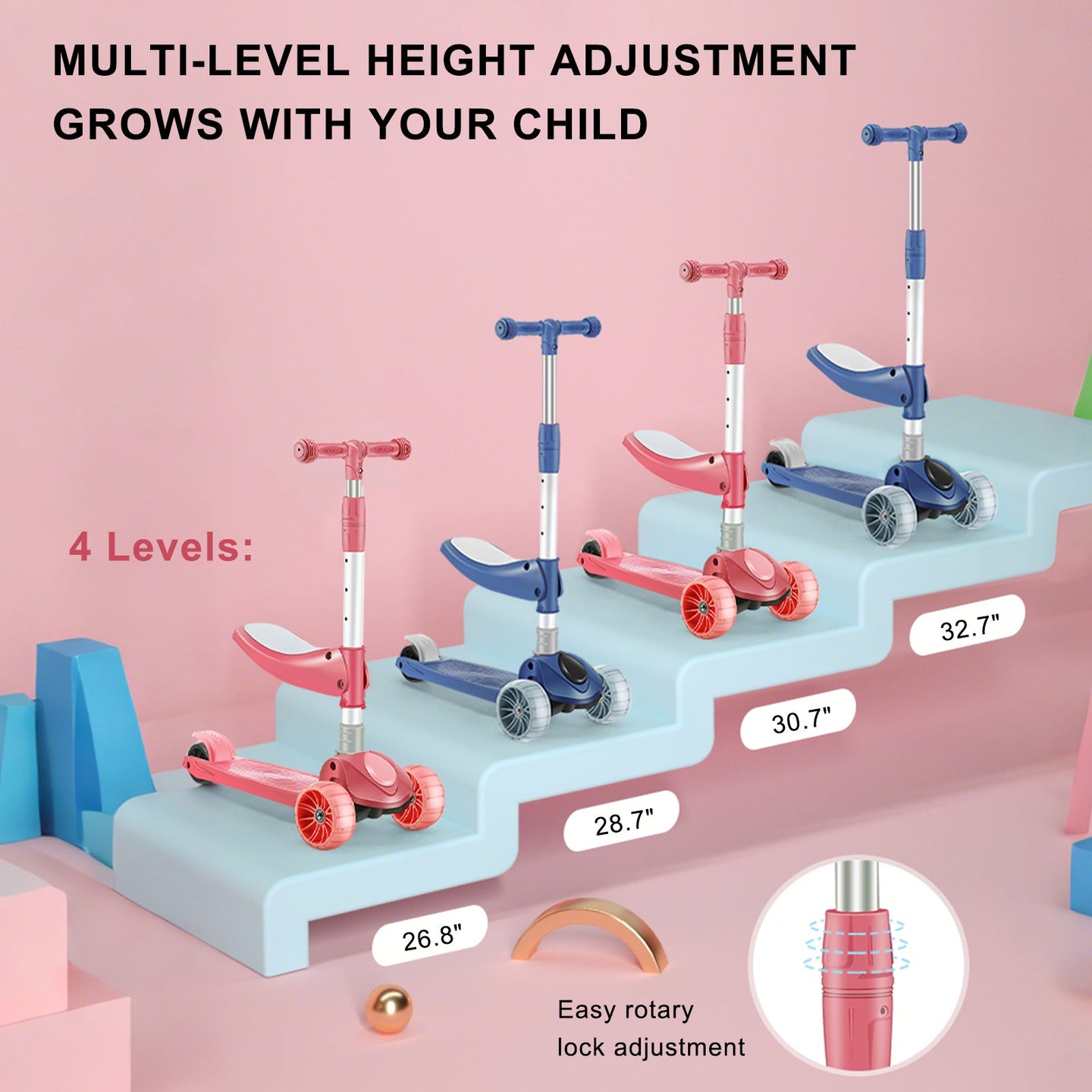 2-in-1 Pink Kids Scooter â€?Folding Seat, LED Light-Up Wheels, Adjustable Height