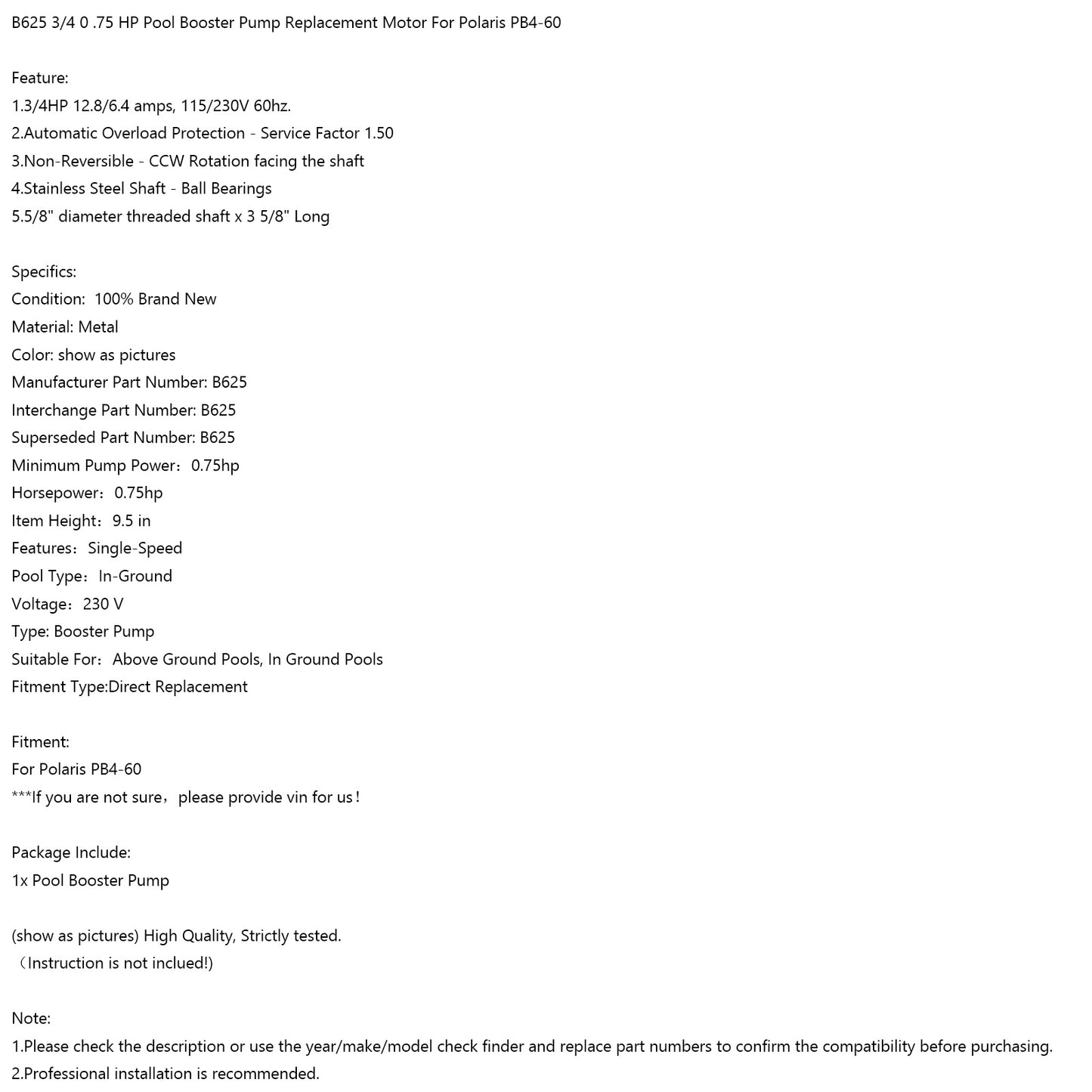 B625 3/4 0.75 HP Pool Booster Pump Replacement Motor For Polaris PB4-60