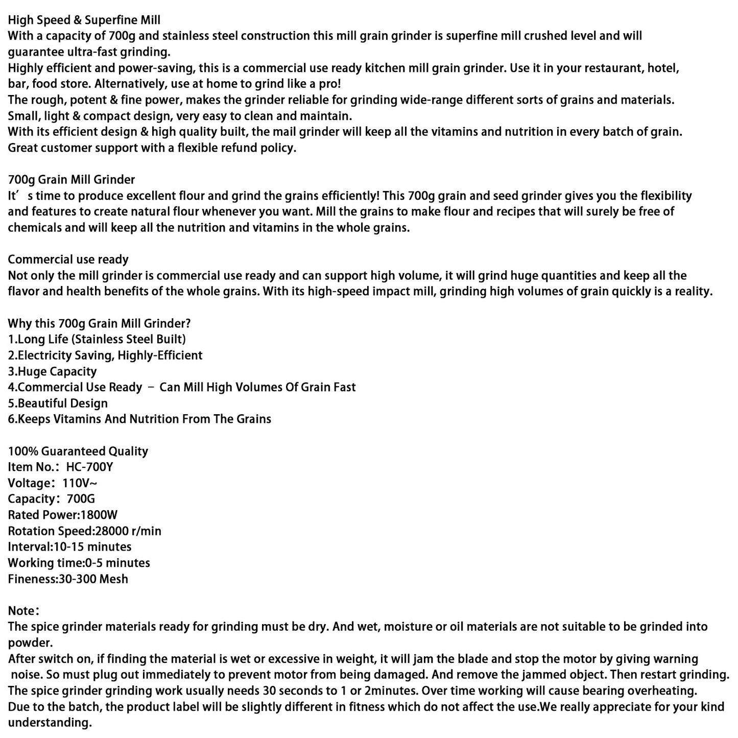 700g 2400w Electric Grain Mill Grinder for Flour Wheat Grind Coffee Beans High Speed