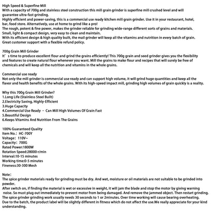 700g 2400w Electric Grain Mill Grinder for Flour Wheat Grind Coffee Beans High Speed