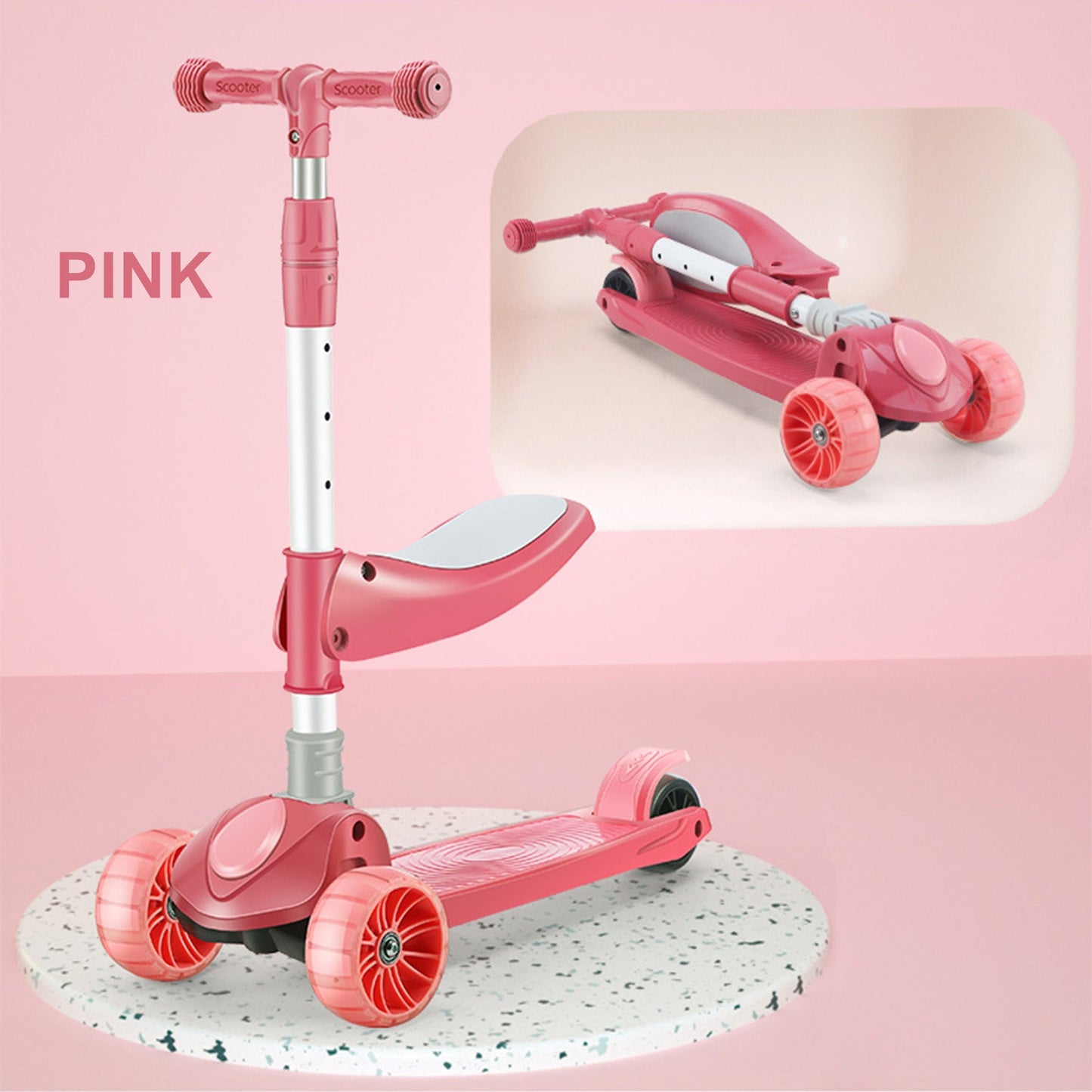Foldable 3-Wheel Kids Scooter with Seat & Lights a?? Adjustable Handlebar (Pink)