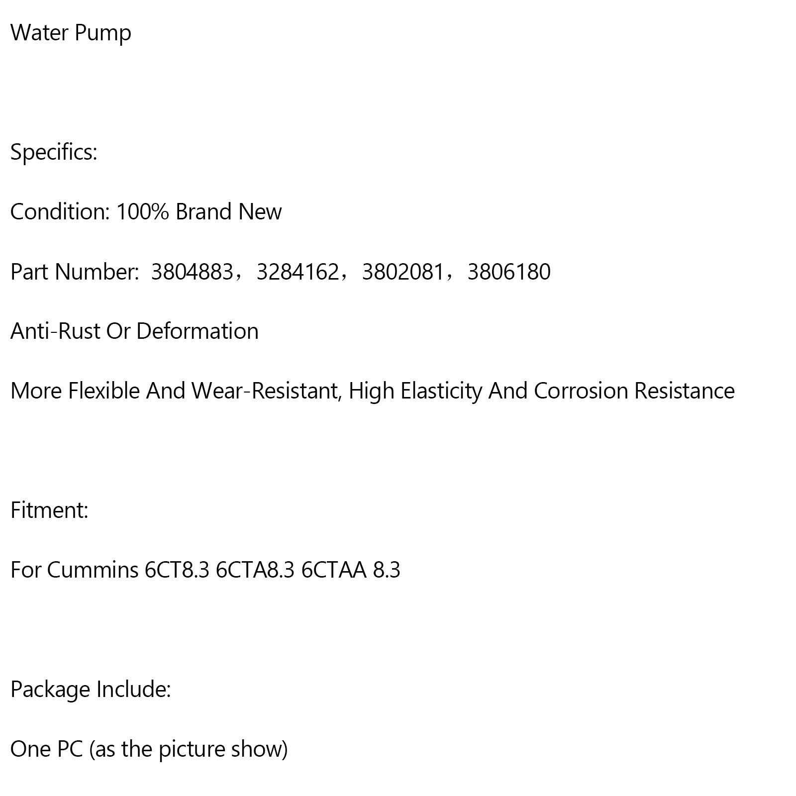 Heavy-Duty Water Pump for Cummins 6CT 8.3L, 6CT8.3 & 6CTA8.3 Diesel Engines, Replaces 3804883, 3802081