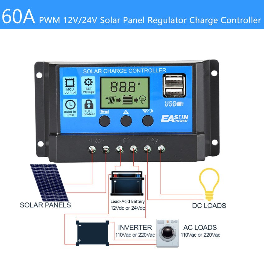 12V/24V Battery Regulator Solar Panel Charge Dual USB LCD 60A Controller PWM