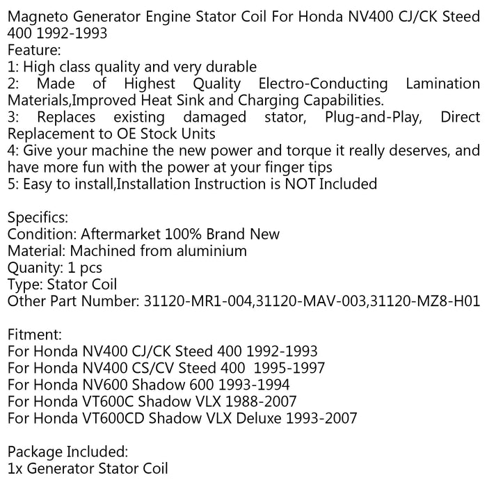 88-07 Honda NV600 Shadow 600 VT600C Shadow VLX Generator Stator Coil