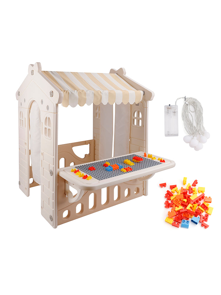 Kids Playhouse with Lights & Building Blocks, Foldable Plastic Outdoor Play Tent for Toddlers & Backyard Fun