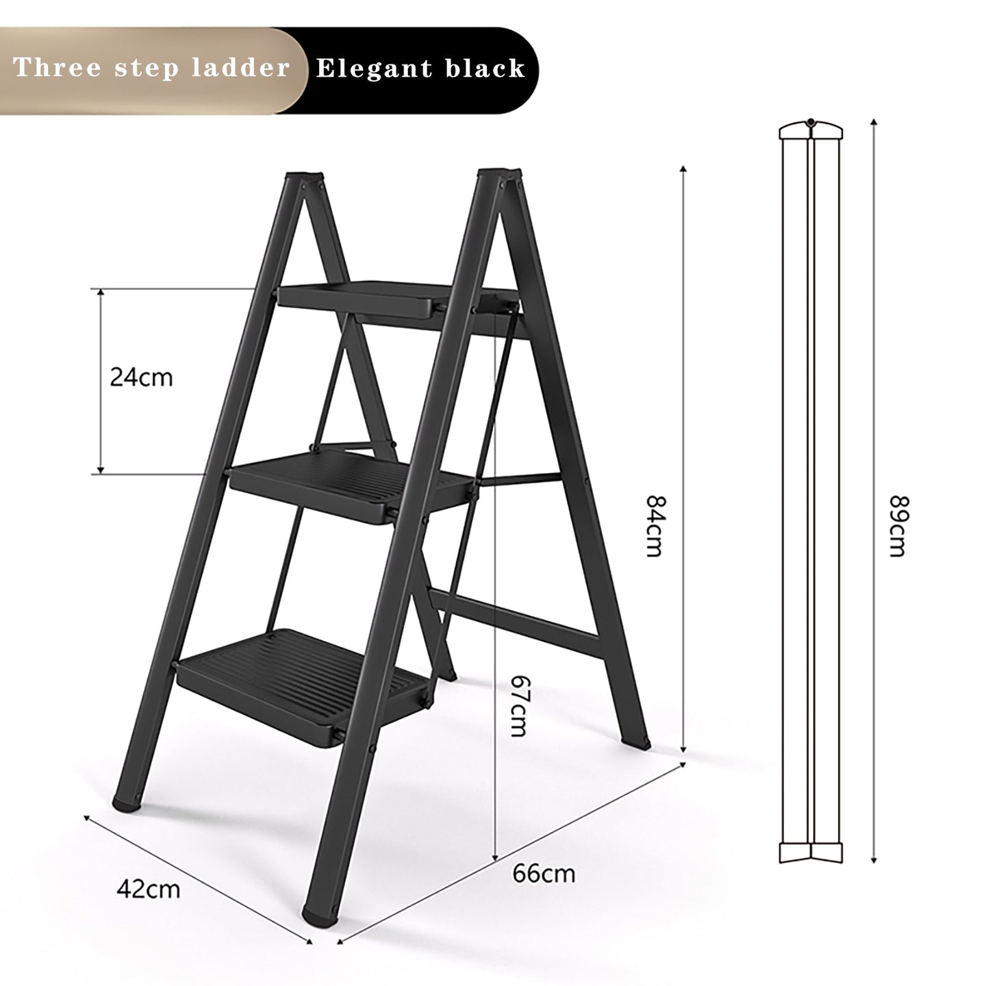 Compact Stepladder, 3 Tiers, Foldable, Aluminum, Wide, Lightweight