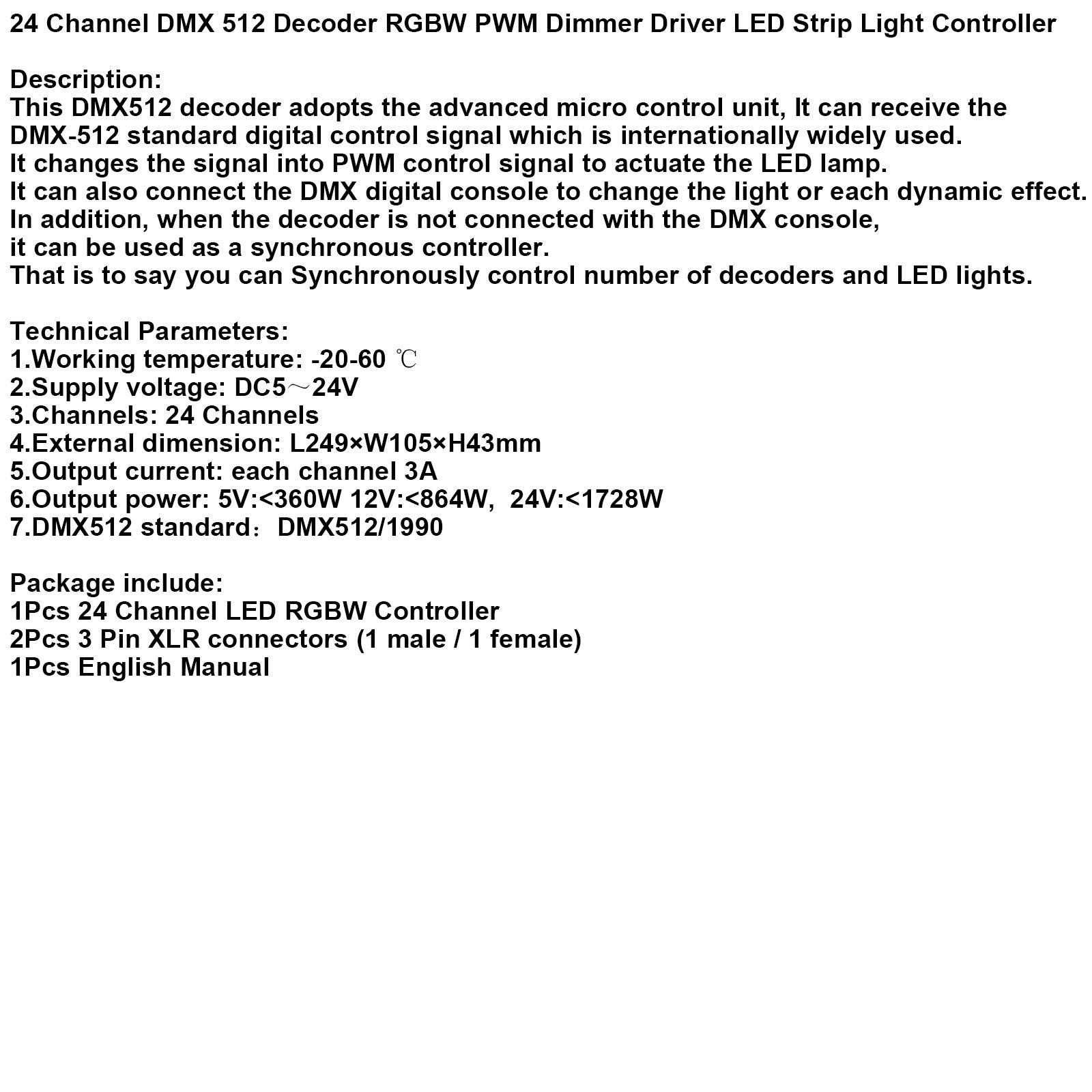 24 Channel DMX 512 Decoder RGBW PWM Dimmer Driver LED Strip Light Controller US