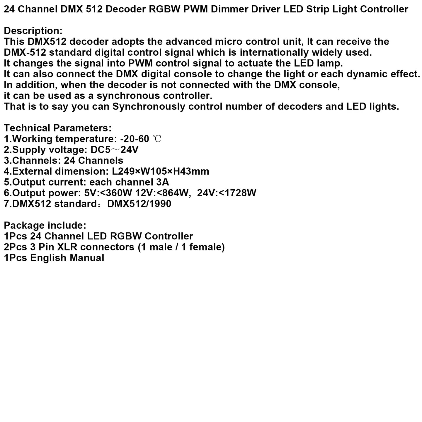 24 Channel DMX 512 Decoder RGBW PWM Dimmer Driver LED Strip Light Controller US