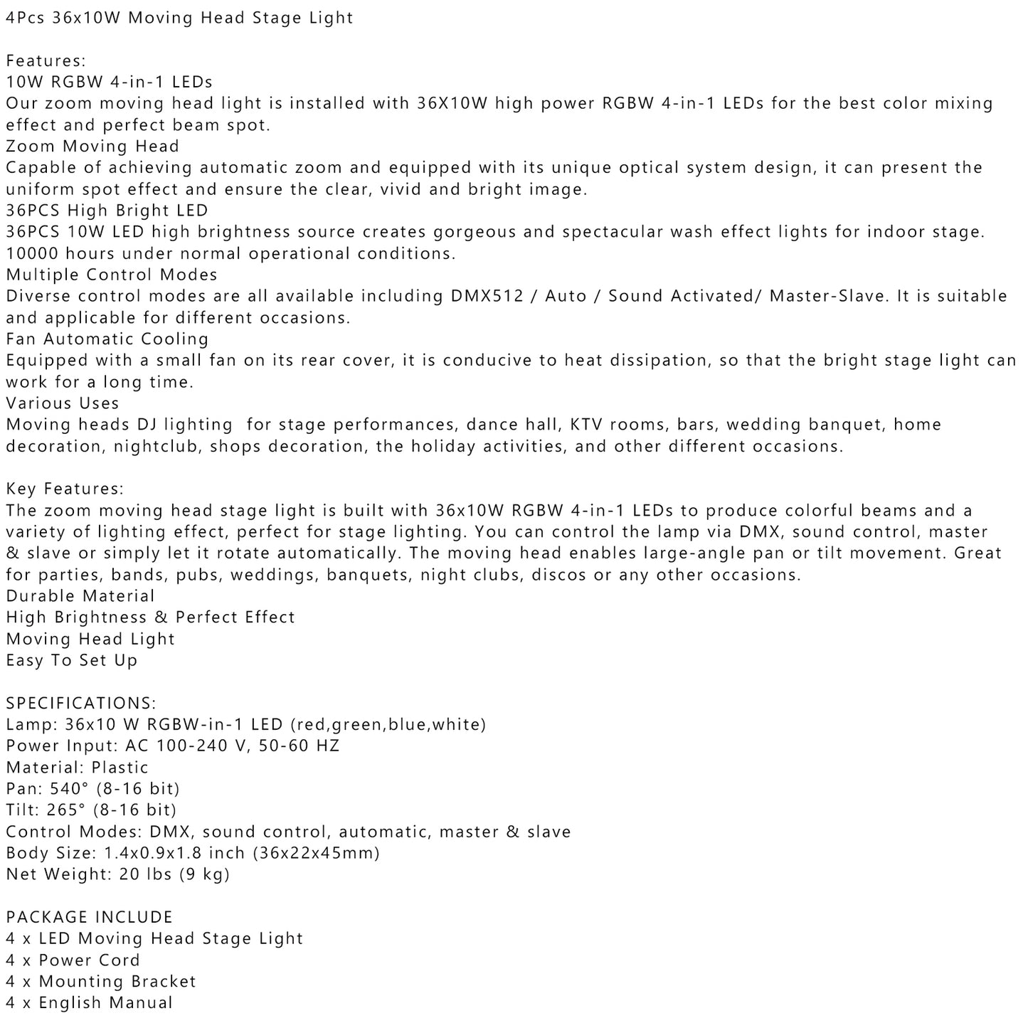 4Pcs 36 x 10W RGBW 4in1 LED Zoom Moving Head 360W Wash Stage Light DMX 15CH