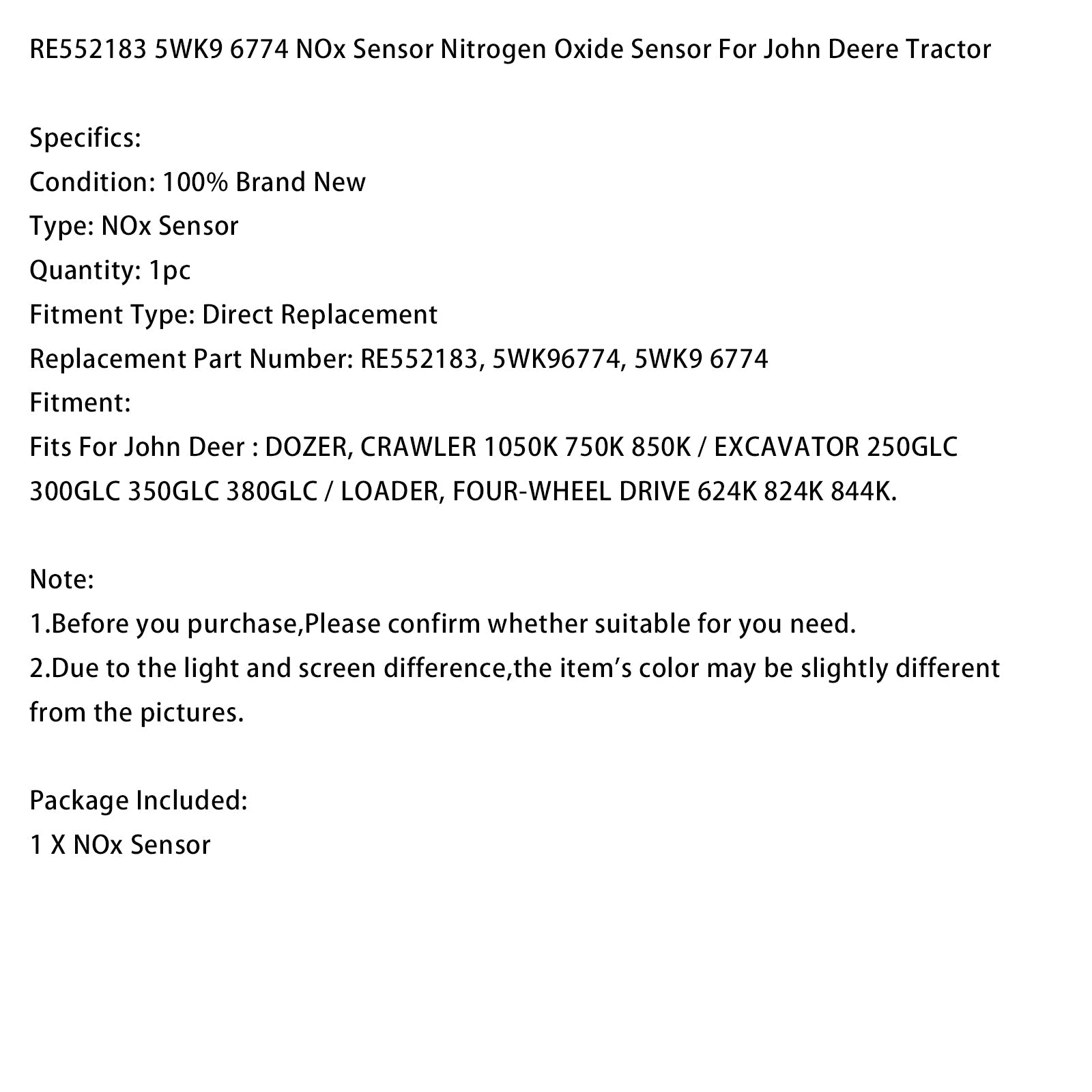 RE552183 NOx Sensor Nitrogen Oxide Sensor 5WK9 6774 Fits For John Deere Tractor