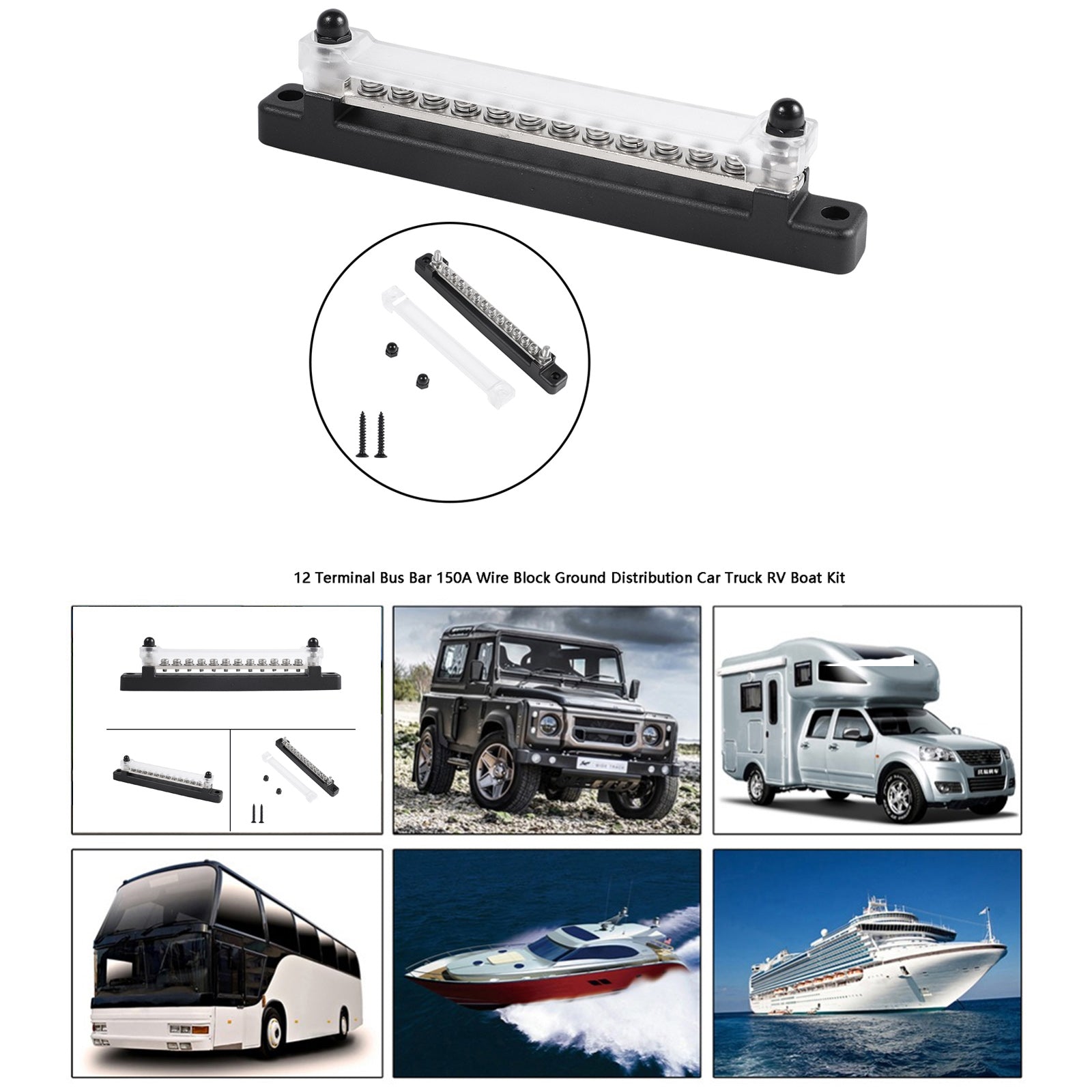 150A 12 Terminal Bus Bar Kit with Cover, Power & Ground Distribution Block for Automotive, Marine, RV & Solar