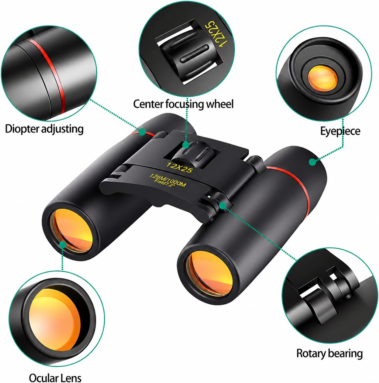 12×25 Compact Binoculars – Folding Travel Binoculars with BAK4 Prisms