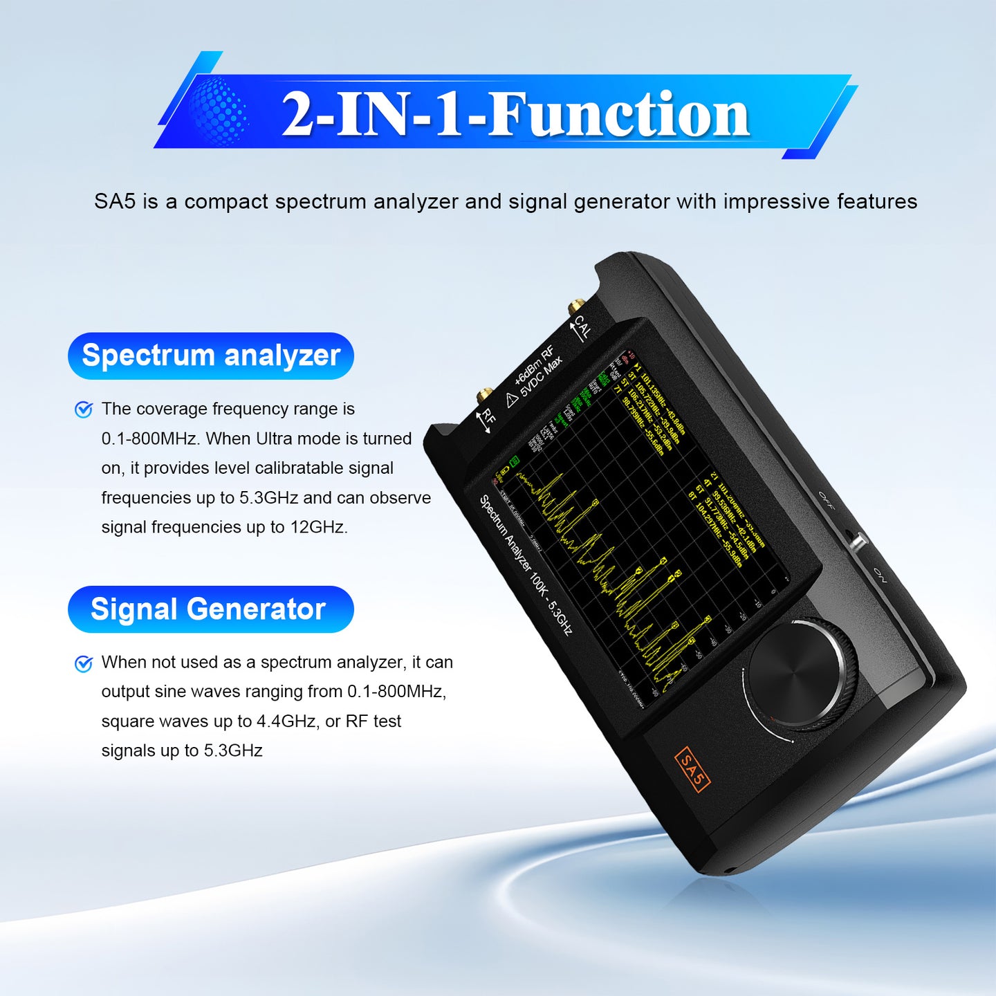 4" IPS LCD SA5 Multifunctionl Spectrum Analyzer 100k-5.3GHz Signal Generator