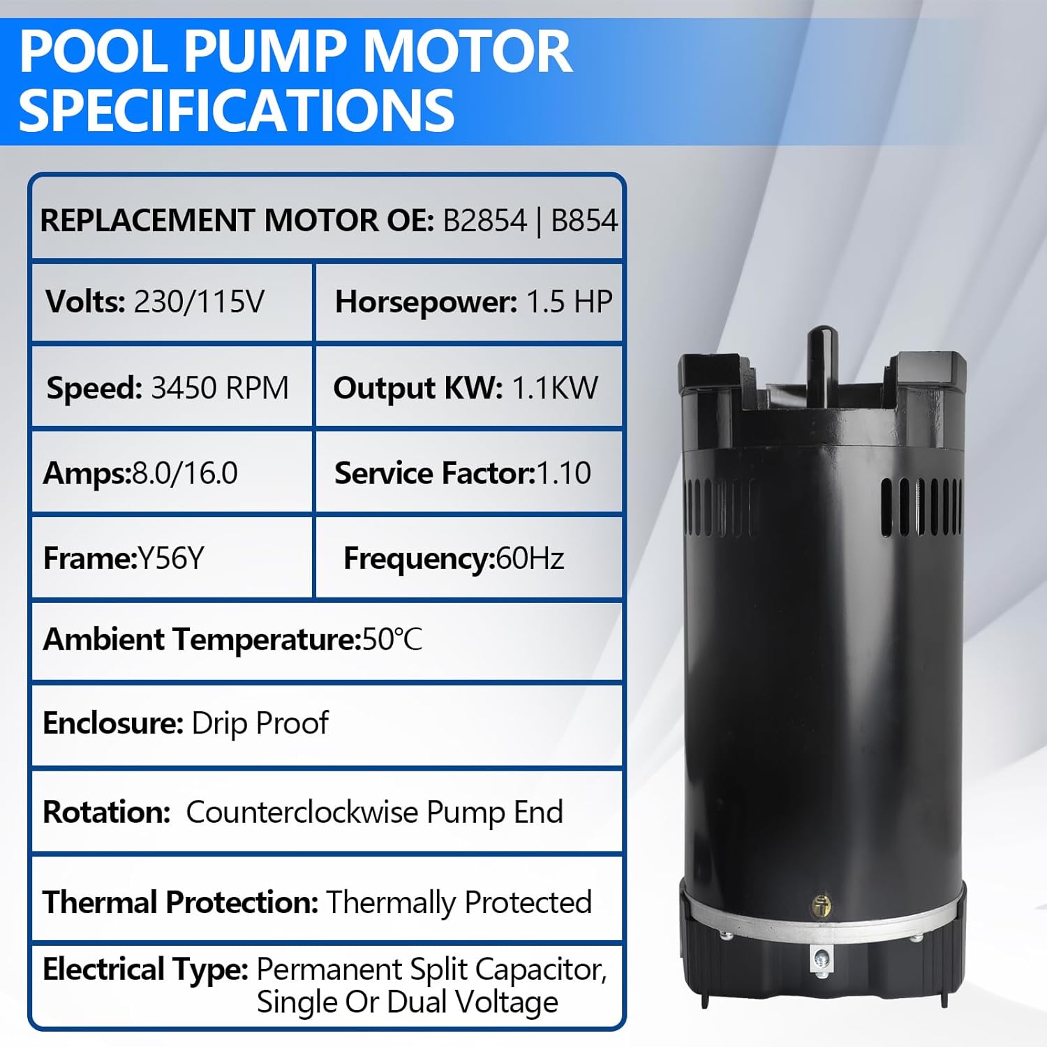 Pool Motor Replacement 1.5 HP Dual Voltage Pool Pump Motor 115/230V