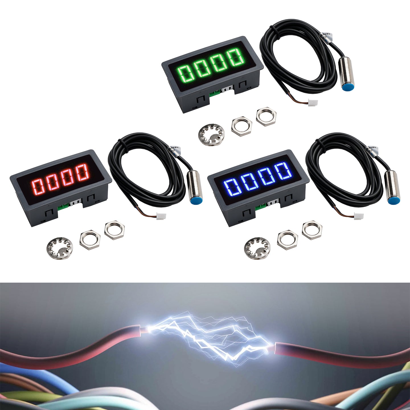 Tachometer 4 Digital LED Tach RPM Speed Meter + Hall Proximity Switch Sensor NPN, Green