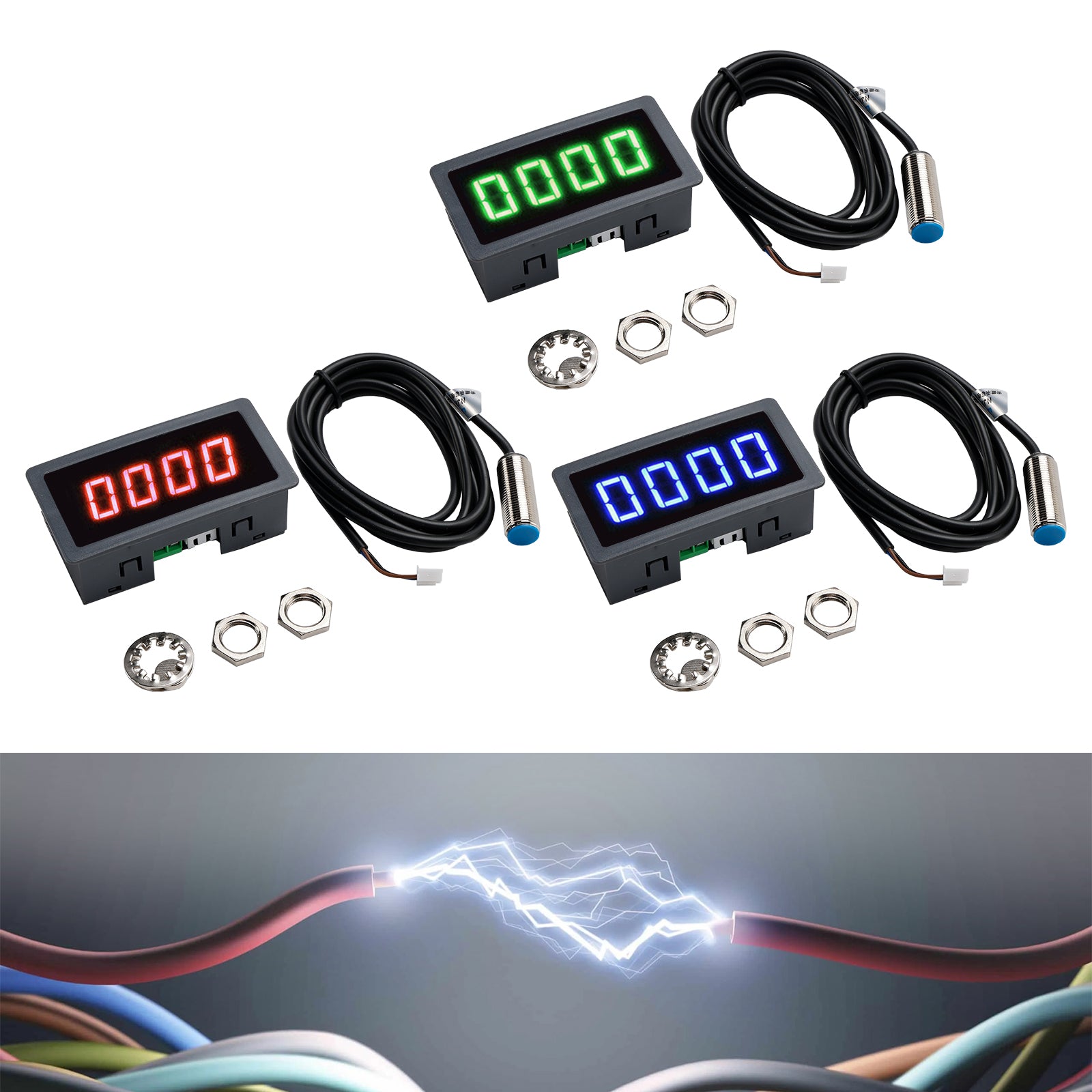 Tachometer 4 Digital LED Tach RPM Speed Meter + Hall Proximity Switch Sensor NPN, Green