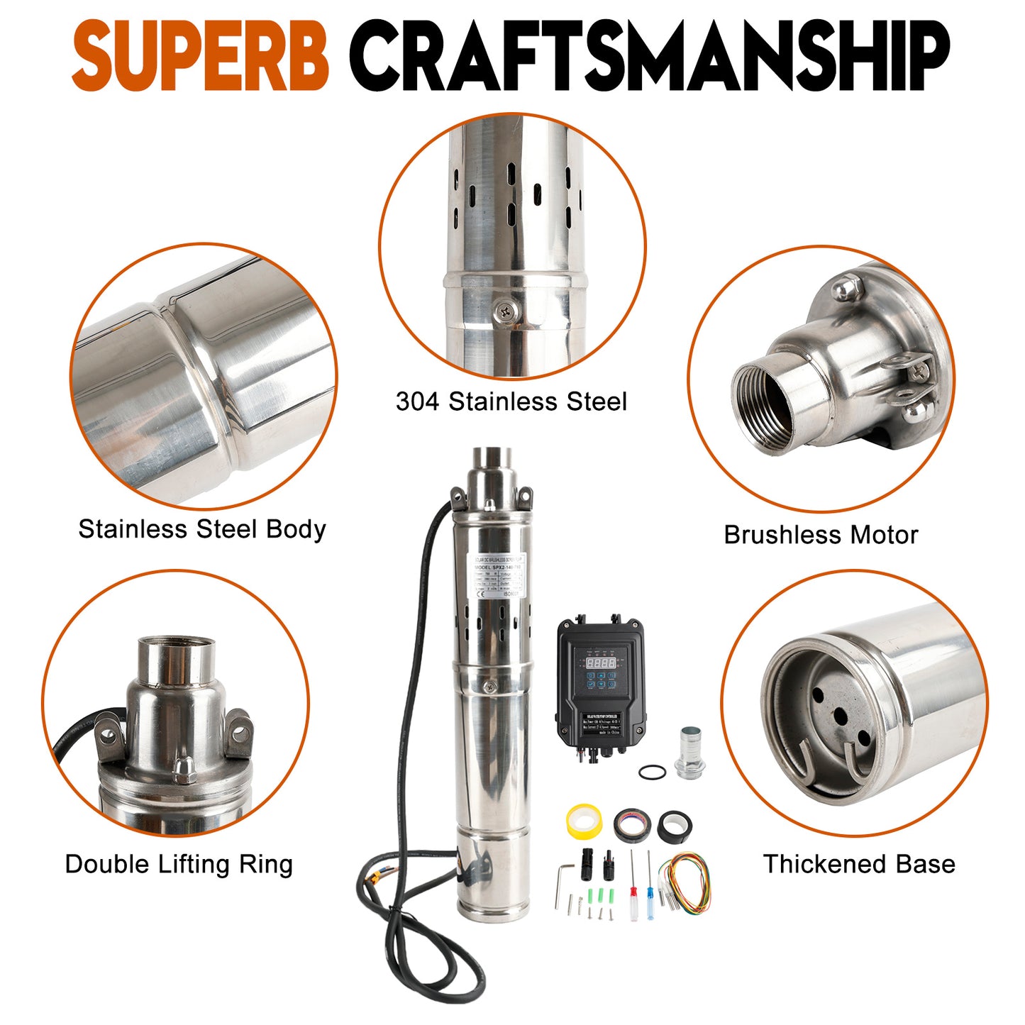 3" 48V 750W MPPT Screw Solar Bore Pump Submersible Deep Well Hole Steel