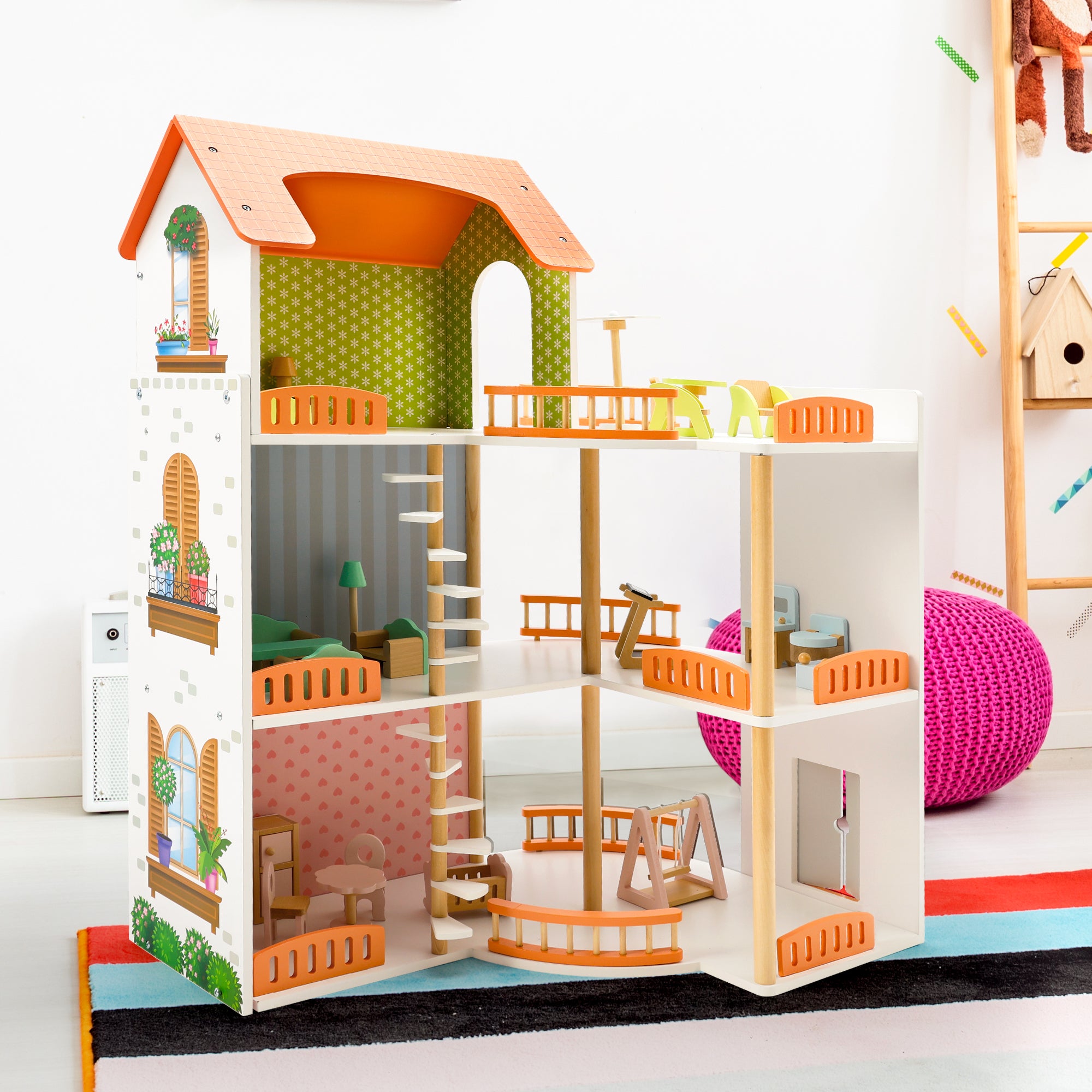 3 Story Wooden Doll House With Balcony 23 Accessories Toy Gift For 3 +Years Kids