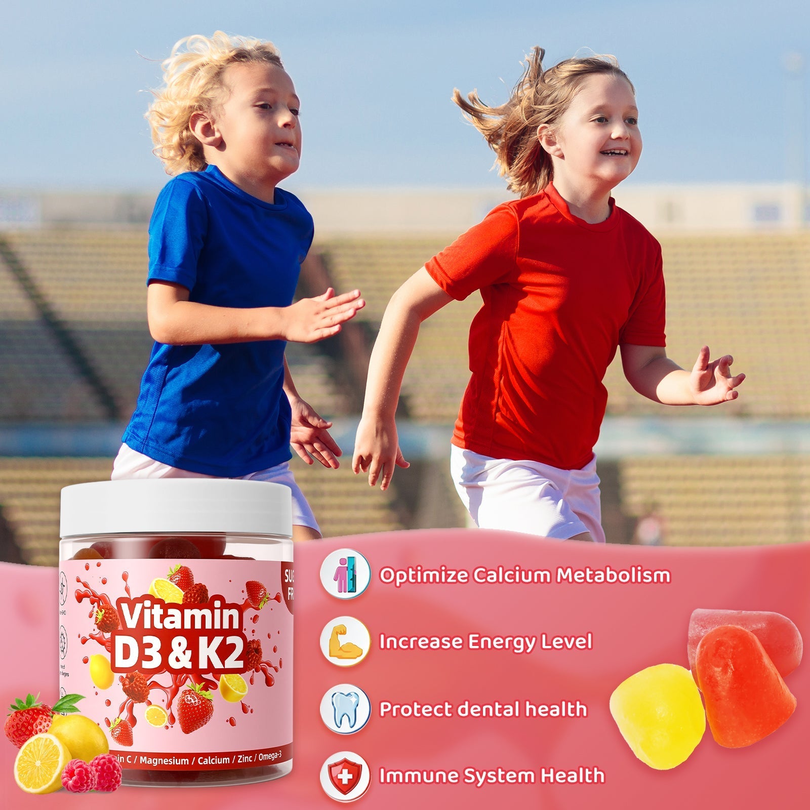 Topteng  Vitamin D3 K2 Gummies with Vitamin C Sugar-Free Omega-3