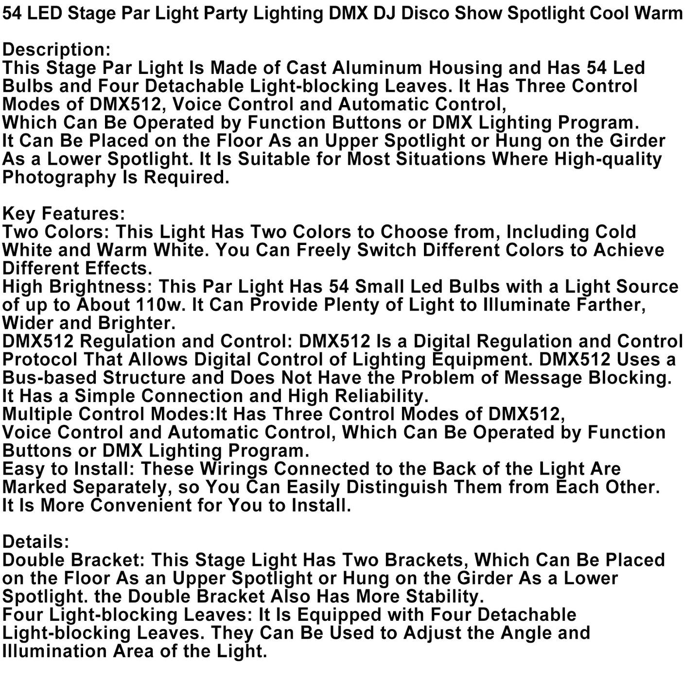 54 LED Par Stage Light – RGBW DMX Uplighting Spotlight for DJ Disco Party Show Events