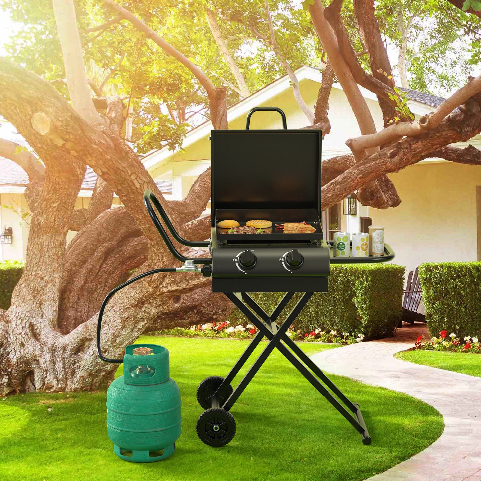 16,000 BTU 2-Burner Portable Propane Gas Griddle with Folding Scissor Legs, Hood & Side Shelf for Outdoor Cooking