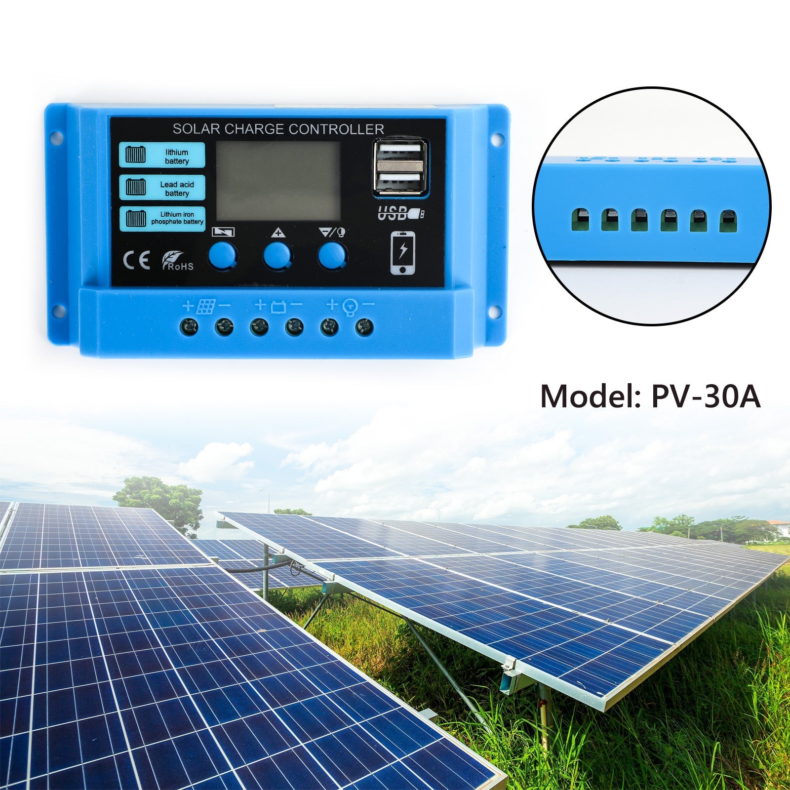 30A PWM Solar Charge Controller 12V/24V PV Regulator for LiFePO4, Lead Acid & Gel Batteries
