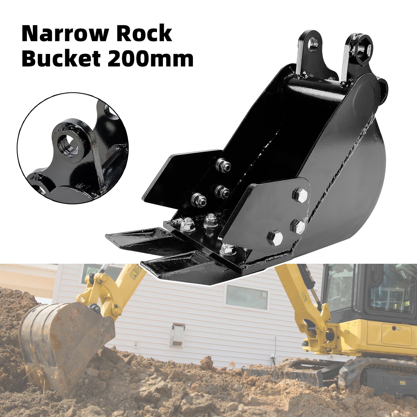 8" (200mm) Mini Excavator Trenching Bucket, 2-Tooth, Fits 25mm Pins, 90mm Pin Centers, 90mm Span