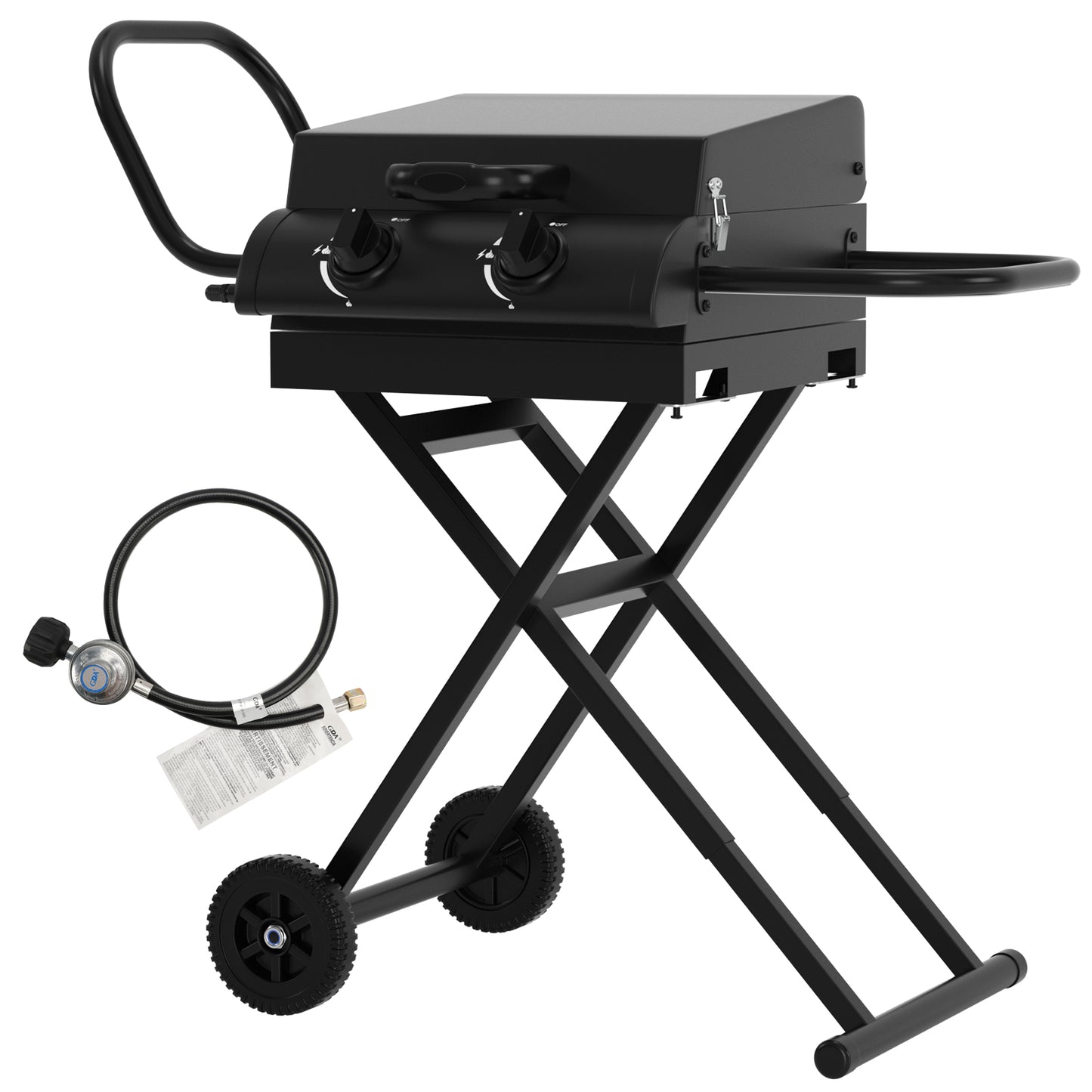 16,000 BTU 2-Burner Portable Propane Gas Griddle with Folding Scissor Legs, Hood & Side Shelf for Outdoor Cooking