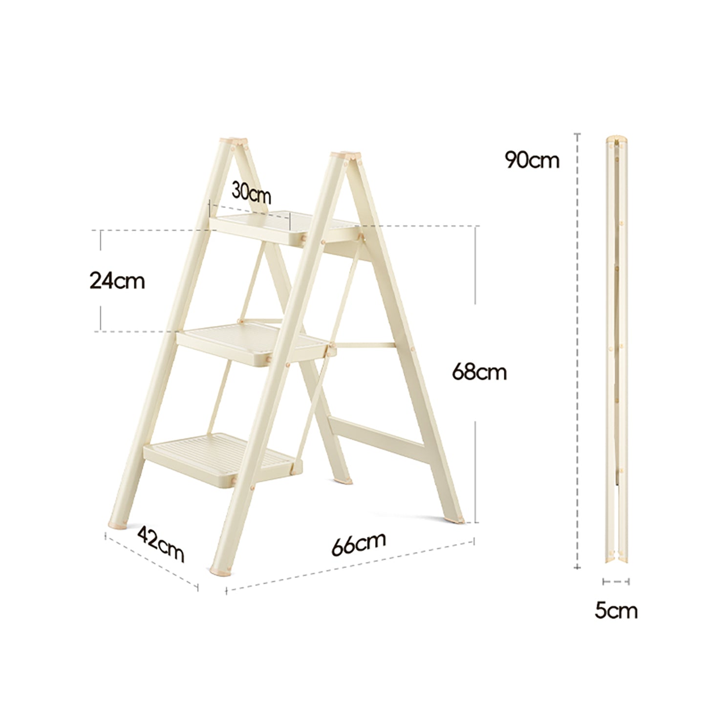 3-Step Folding Stepladder with Wide Anti-Slip Pedals, 330 lbs Capacity Lightweight Step Stool for Home & Kitchen (Cream White)