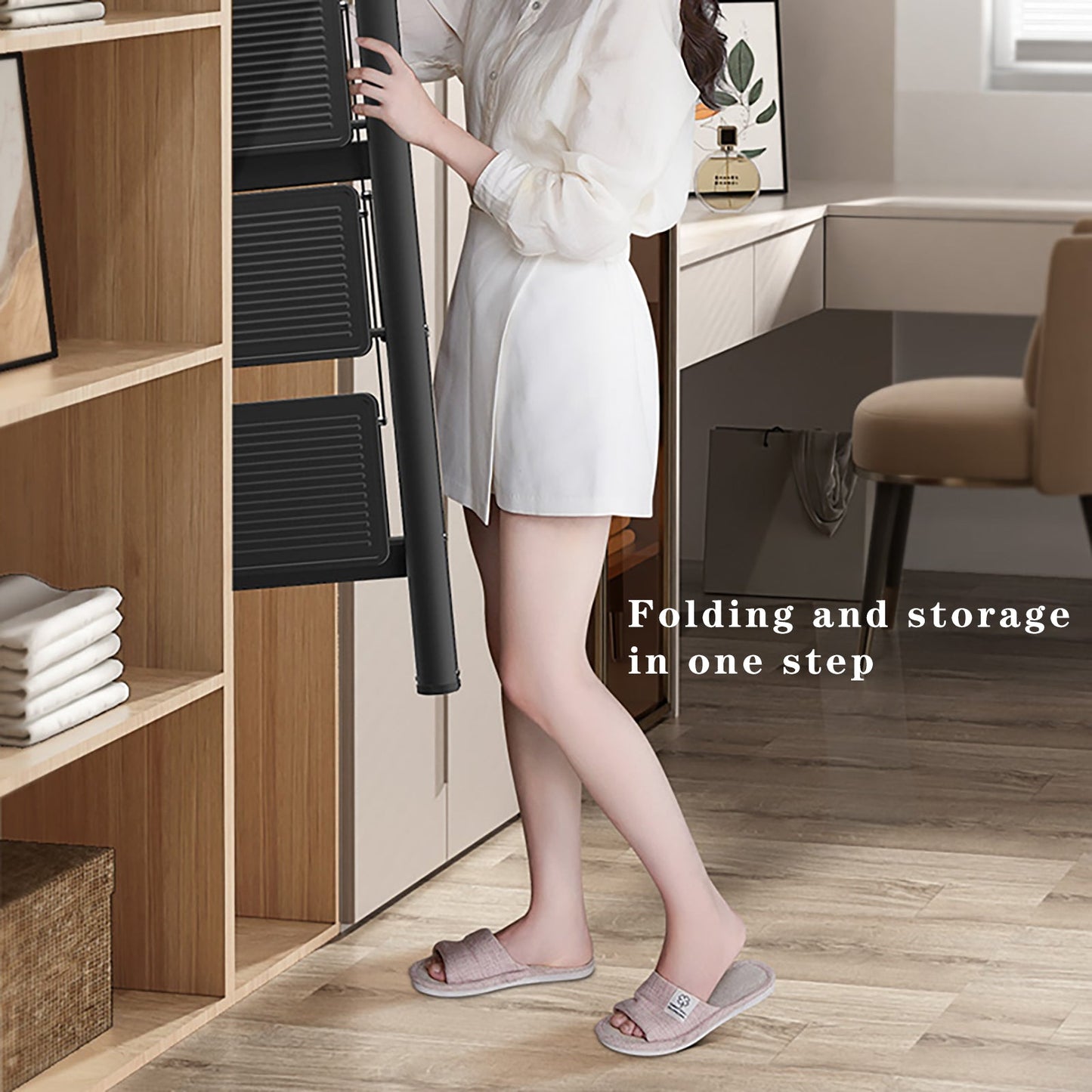 4-Step Ultra-Slim Folding Ladder, 2" Thick Carbon Steel Step Stool with Wide Anti-Slip Pedals, 330 lbs Capacity (Black)