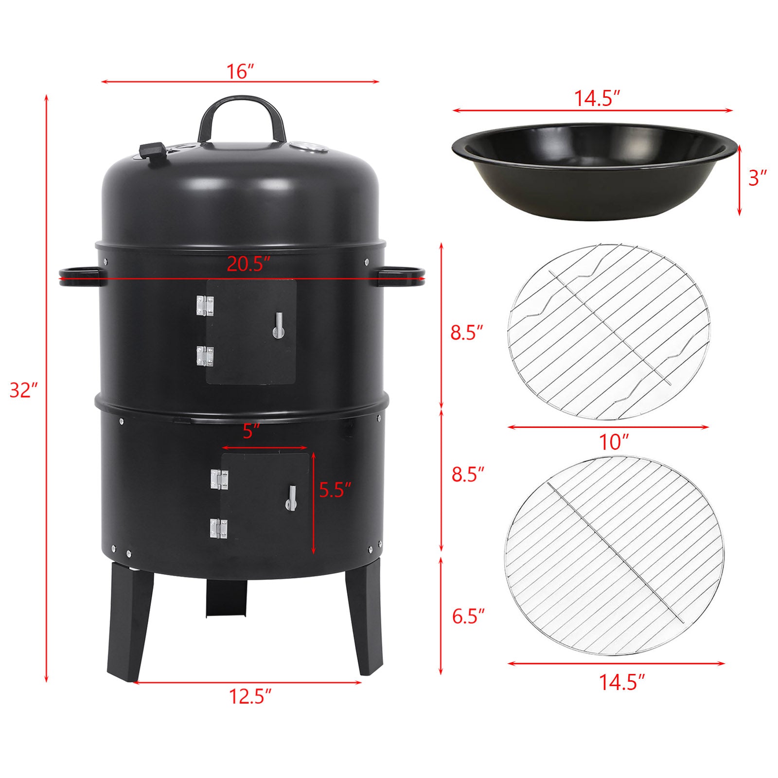 3-in-1 Vertical Charcoal Smoker and BBQ Grill with Built-in Thermometer & 2 Access Doors for Outdoor Cooking