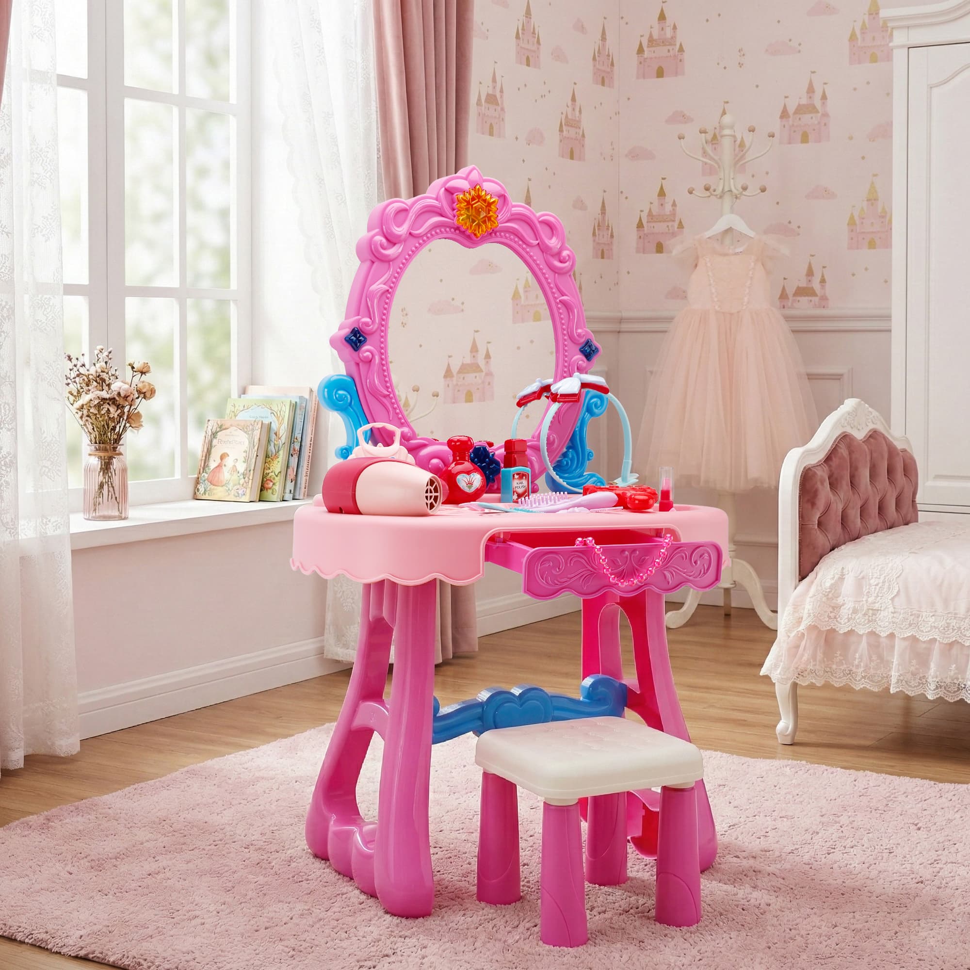Toddler Makeup Table with Mirror and Chair Kids Vanity Set with Blowdryer for 3+