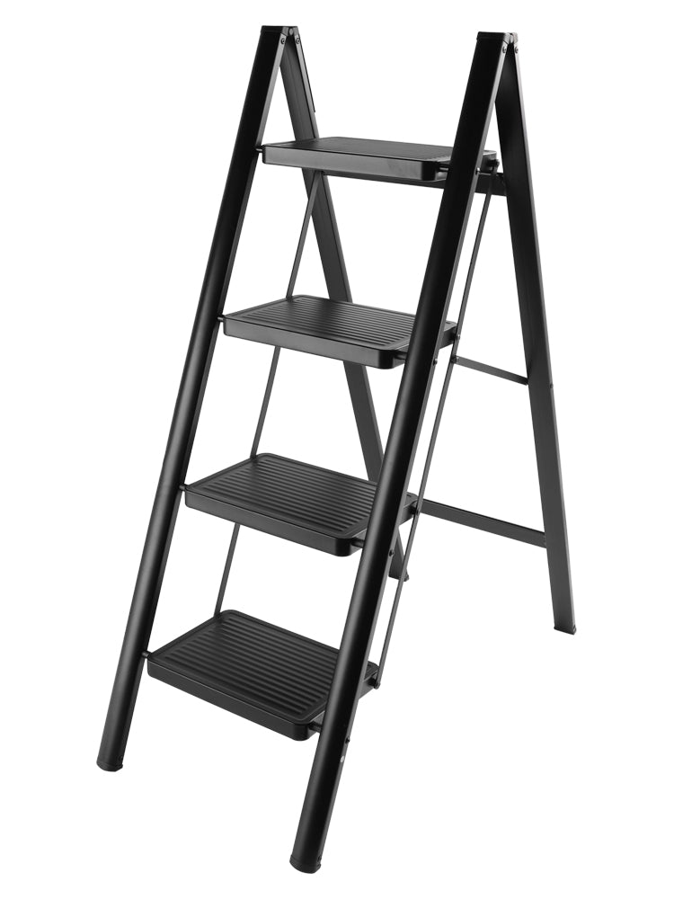 4-Step Ultra-Slim Folding Ladder, 2" Thick Carbon Steel Step Stool with Wide Anti-Slip Pedals, 330 lbs Capacity (Black)