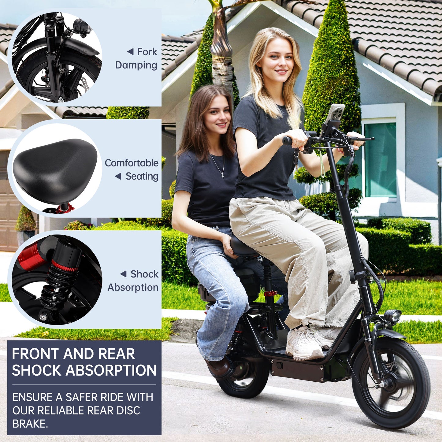 500W Adult Shock Absorption Electric Scooter with Seat 14" Commuter Electric Scooter With Carry Basket - Up to 30 Miles 20MPH