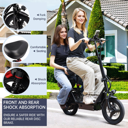 500W Adult Shock Absorption Electric Scooter with Seat 14" Commuter Electric Scooter With Carry Basket - Up to 30 Miles 20MPH